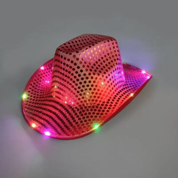 Accessories - Red Sequin Light Up LED Flashing Cowboy Hat with Sequins LEDS, Cowgirl, Western‎